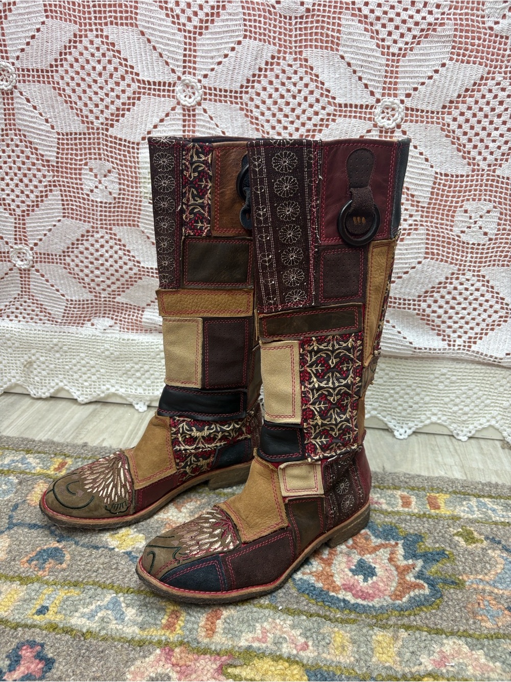 Timberland Limited Edition Patchwork Leather Boots Size 7M Y2K Boho - Picture 4 of 12